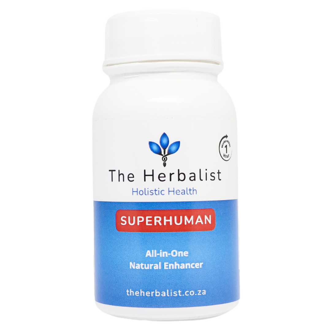 Superhuman capsules, your all in one natural supplement for energy, focus, and stress relief.