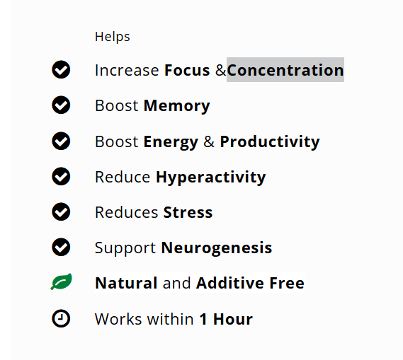 Concentration capsules that help increase focus, concentration and productivity.