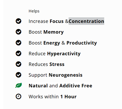 Concentration capsules that help increase focus, concentration and productivity.