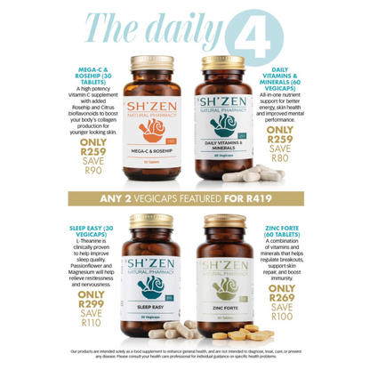 Promotional graphic for Sh'zen supplements with product images and pricing.