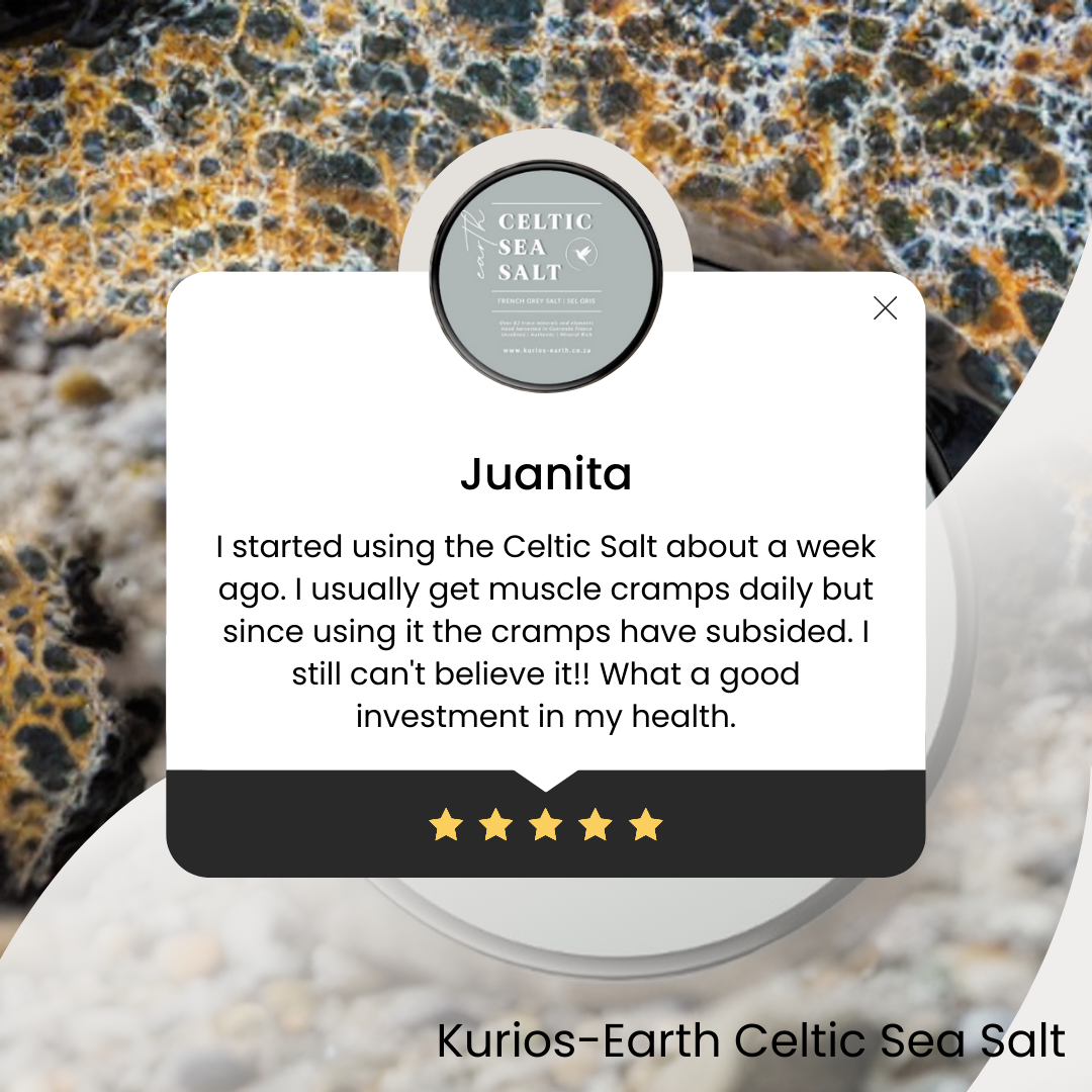 Kurios-Earth Celtic Sea Salt packaging with customer review on a textured stone background