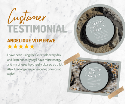 Celtic sea salt packaging with customer testimonial on a textured background