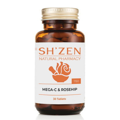 Bottle of Sh'zen Mega-C & Rosehip supplement on a white background