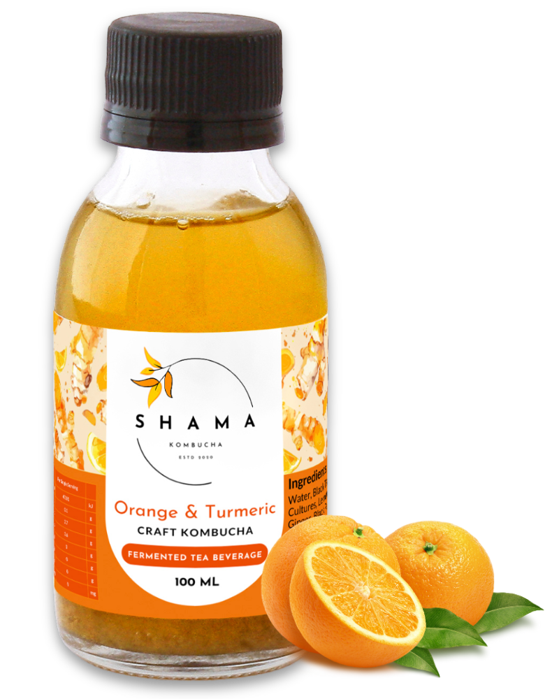 100ml Bottle of Orange & Turmeric Kombucha with sliced oranges