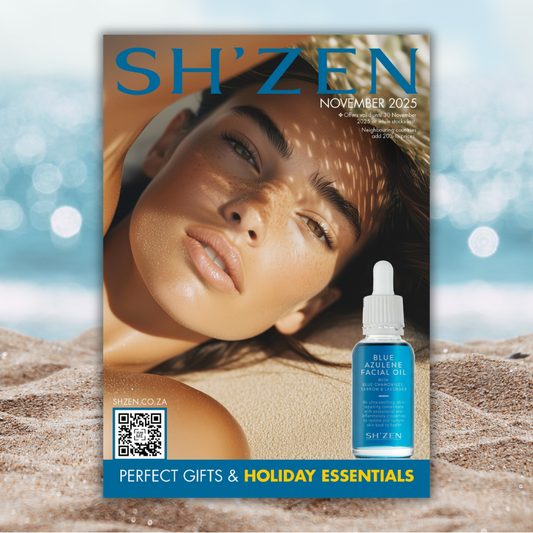 Brochure cover featuring a woman on a beach with Sh'Zen Blue Azulene Facial Oil bottle on a beach background.