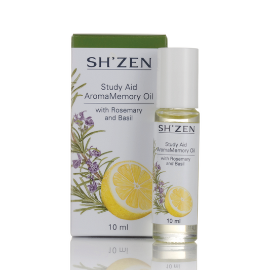 Sh'Zen Study Aid AromaMemory Oil with rosemary and basil packaging on a white background