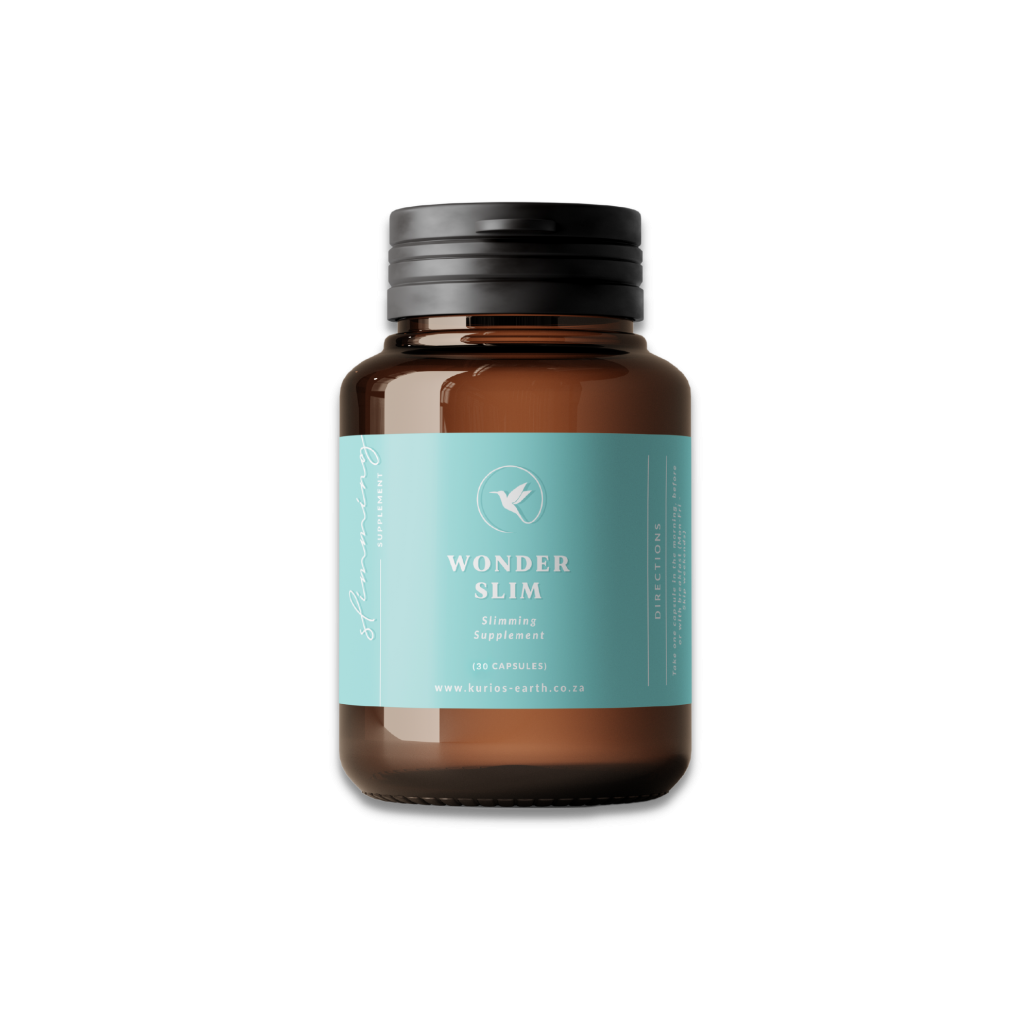 Brown bottle of Kurios Earth Wonder Slim with a light blue label