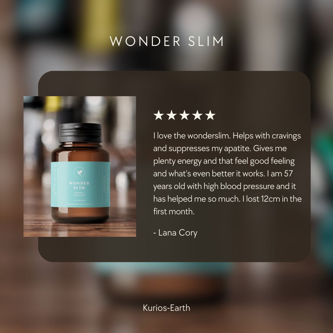 Bottle of Kurios-Earth Wonder Slim with customer review on a blurred background