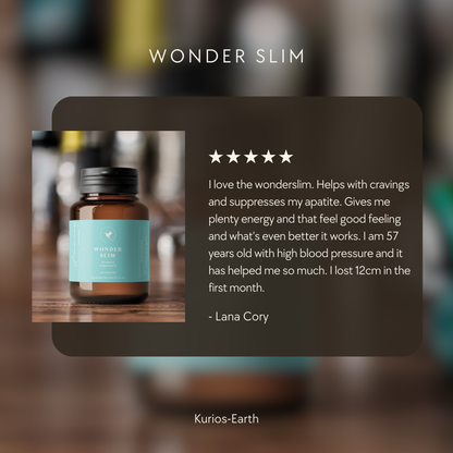 Bottle of Kurios-Earth Wonder Slim with customer review on a blurred background