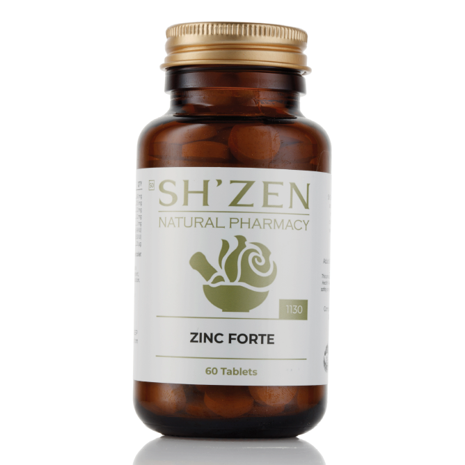 Bottle of Sh'Zen Zinc Forte tablets on a white background