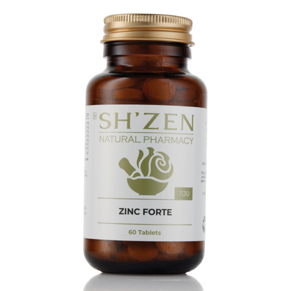 Bottle of Sh'Zen Zinc Forte tablets on a white background